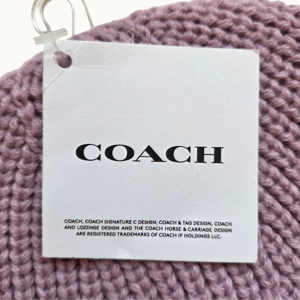 NWT Coach Faded Pink Ribbed Knit Beanie with Woven Logo Patch - Picture 3 of 5